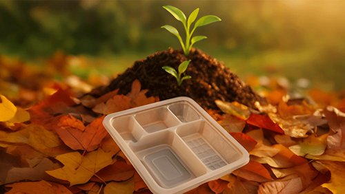 Technik im Einklang mit der Natur: Ein spritzgegossenes Kunststoffbauteil aus biobasiertem Material eingebettet in herbstliches Laub – Symbol für den nachhaltigen Kreislauf des Forschungsprojekts LEAF. 