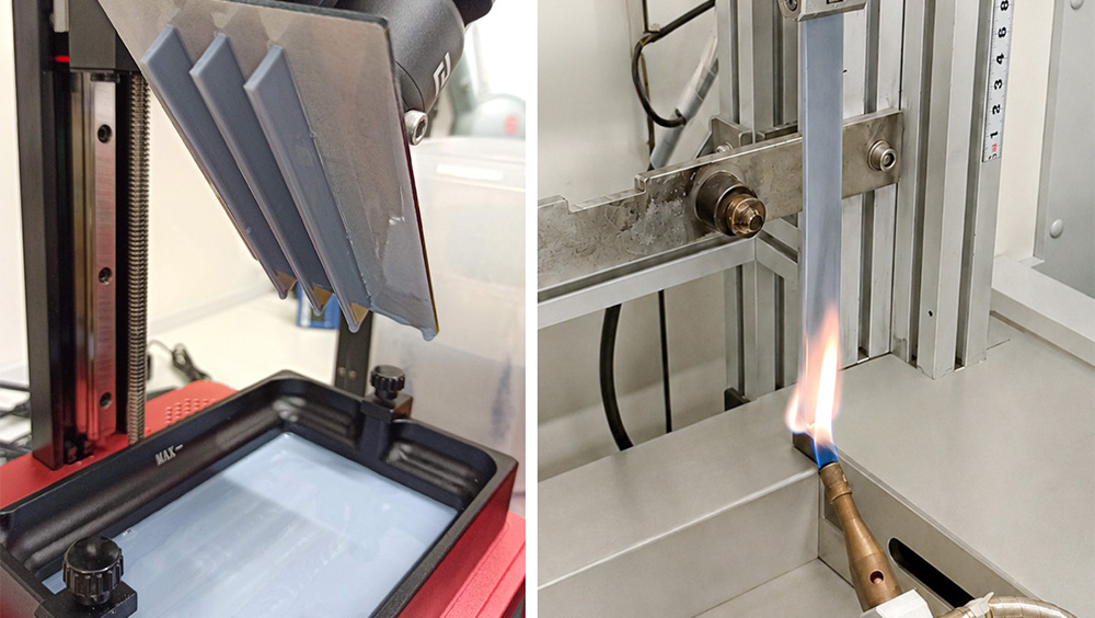 3D-Drucker und FLammschutztest in Laboumgebung
